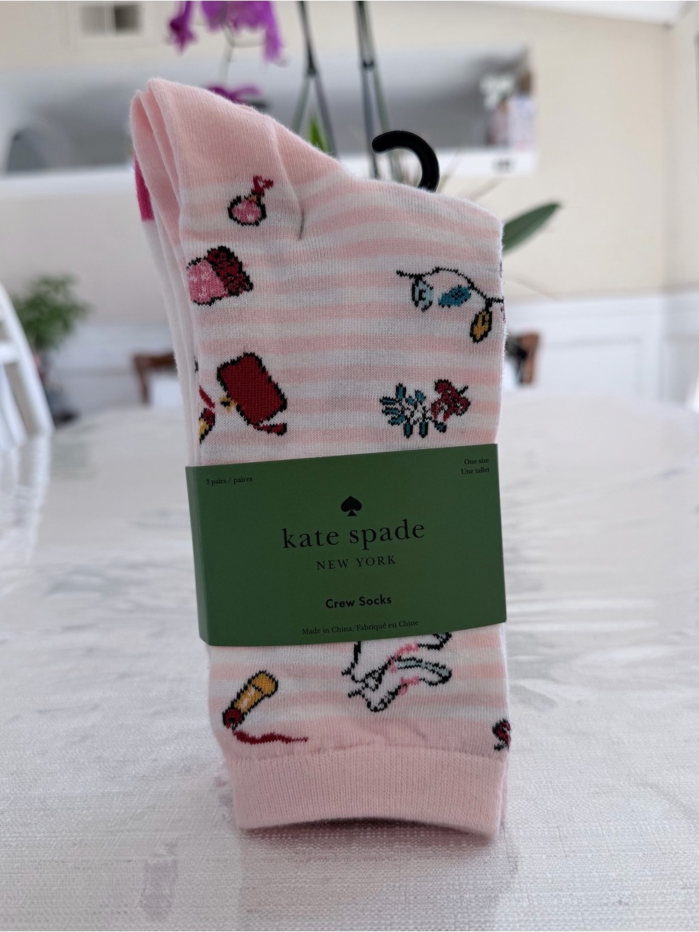 kate spade pink and white striped crew socks with novelty prints 3 pairs